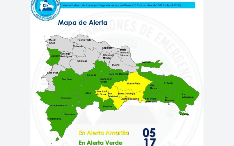 El COE coloca 04 provincia y el Distrito Nacional en alerta amarilla y mantiene 17 provincias en alerta verde, debido a que el boletín del INDOMET